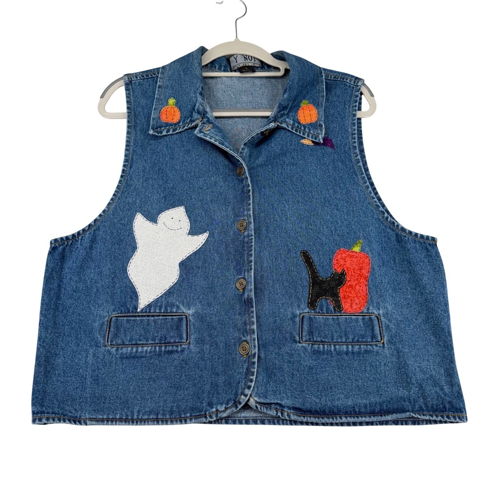 Vintage Y Not Sportswear Applique Halloween Denim Vest 100% Cotton Women Large